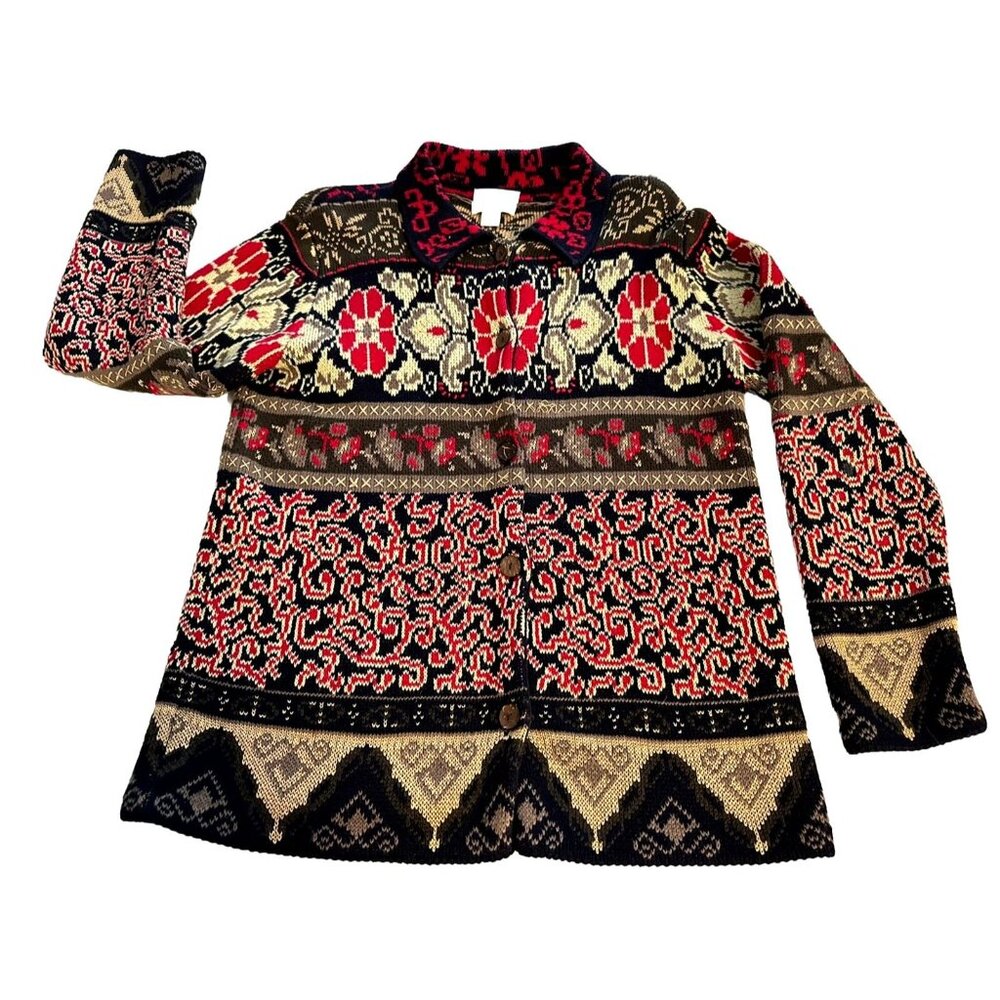 Christopher Banks Red Black Hand Embroidered Cardigan Sweater Christmas Teacher